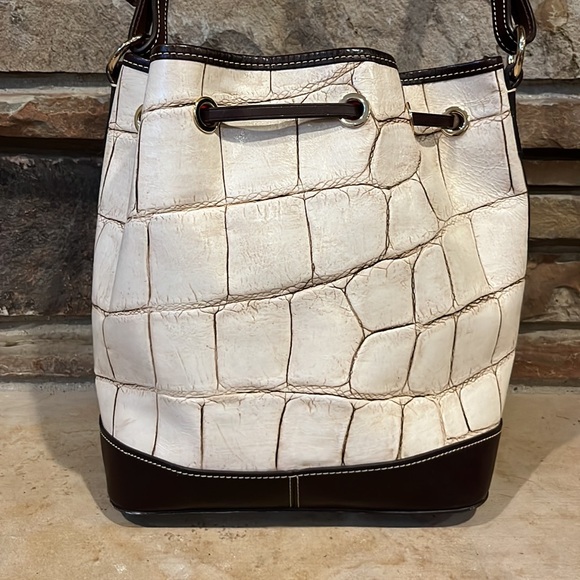 Dooney & Bourke Denison Tasha Drawstring Croc Embossed Cream Leather Bucket Bag - Picture 8 of 14